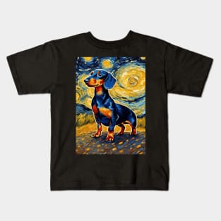 Cute Dachshund Painting Dog Breed in a Van Gogh Starry Night Art Style Kids T-Shirt